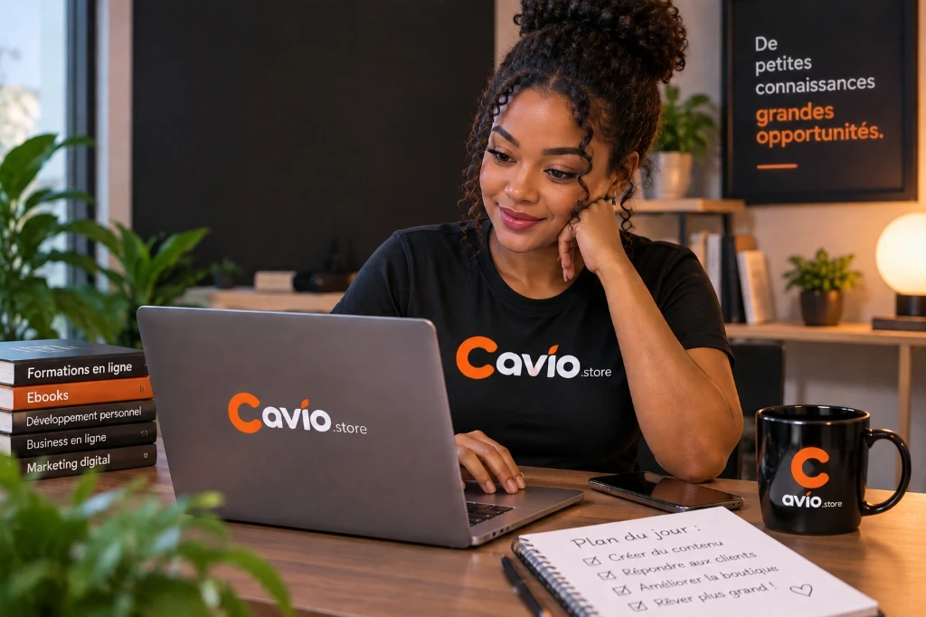 Créatrice Cavio.store vendant ses produits numériques et formations en ligne